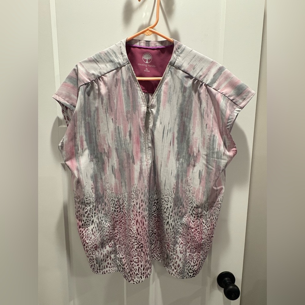 Healing Hands Women's Abstract Pink and Gray Blouse Scrub Top